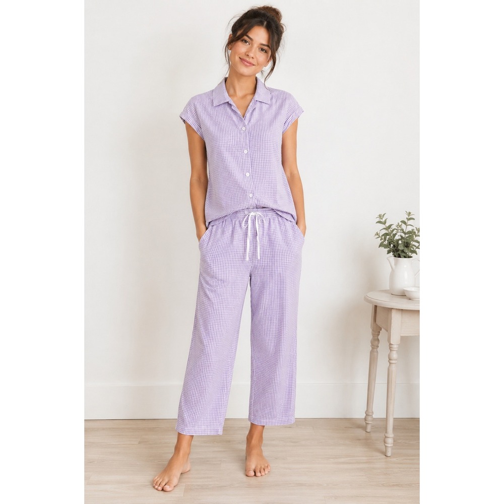 The Cat's Pajamas Womens XS Purple Gingham Check Pajama Set Cap Sleeve Pockets